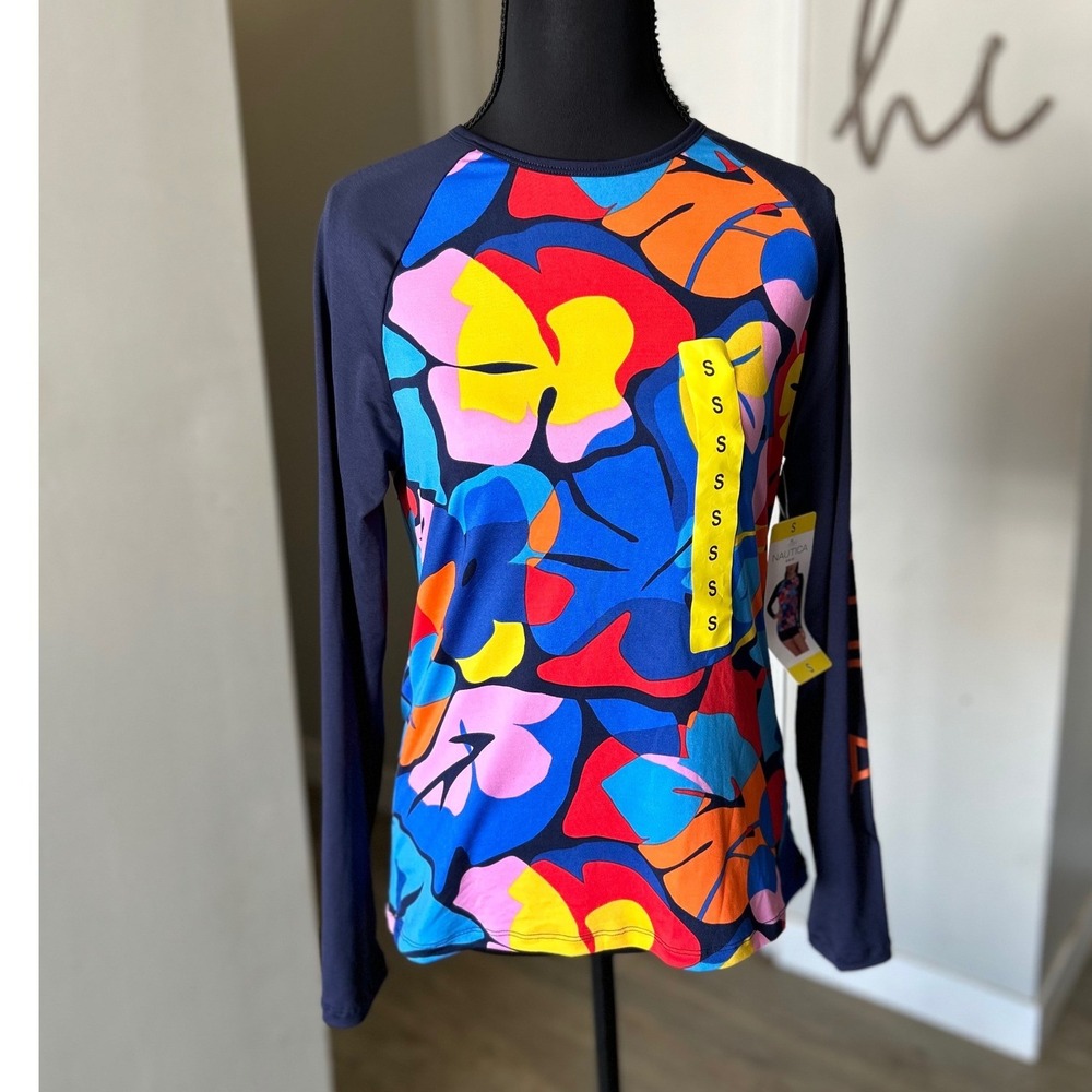 Nautica Womens Long‎ Sleeve Rash Guard UPF 30+ Floral Swim Shirt Navy Small NWT